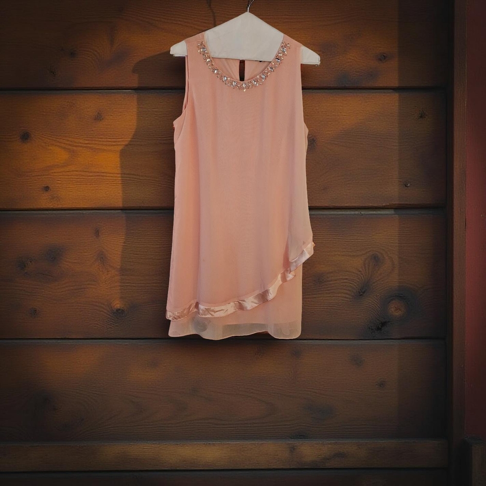 SLNY Light Pink Chiffon Sleeveless Dress with Embellished Neckline